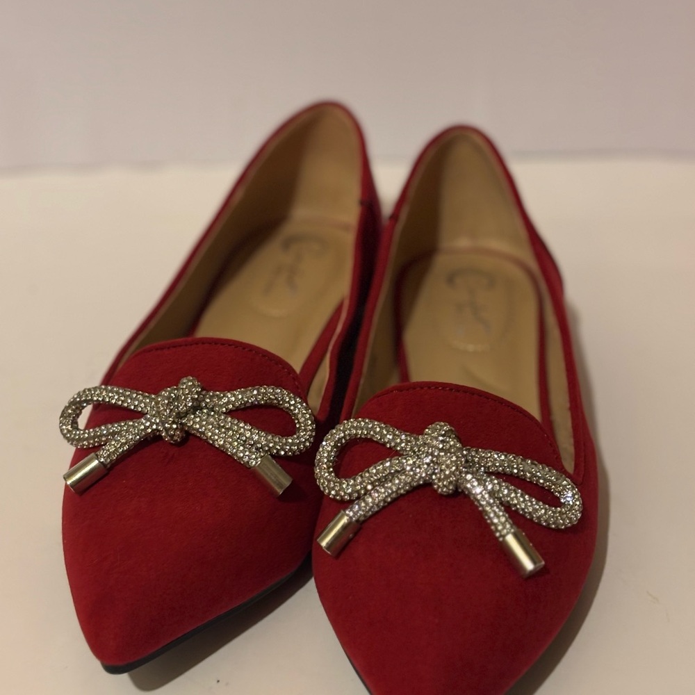 Women’s Red Pointed Toe Flats with Rhinestone Bow - Picture 4 of 7
